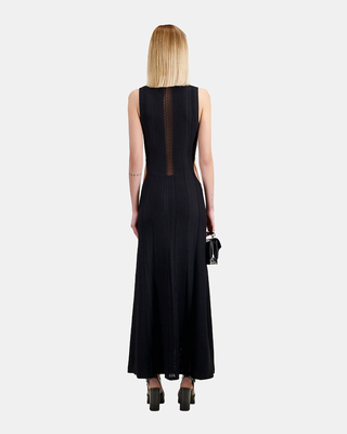 Long black openwork knit dress with openings