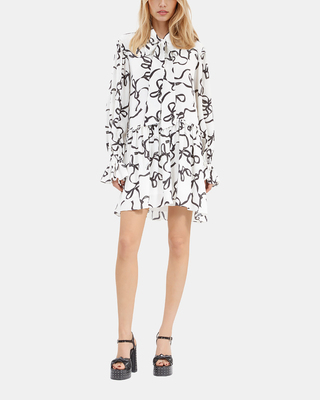 Ribbon-print silk short dress