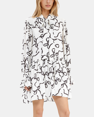 Ribbon-print silk short dress