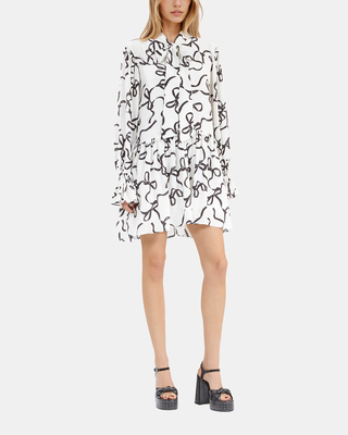Ribbon-print silk short dress