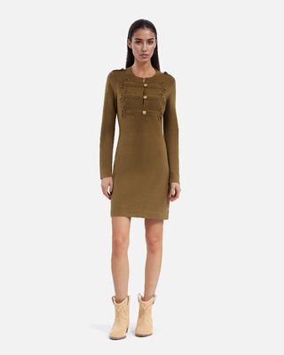 Officer-style short dress in khaki knit