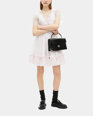 Short dress in pale pink printed tulle