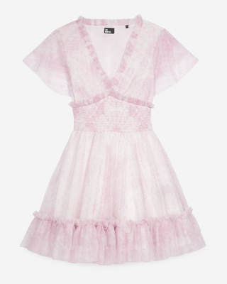 Short dress in pale pink printed tulle