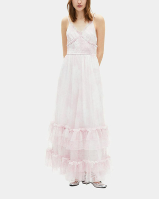 Long dress in pale pink printed tulle