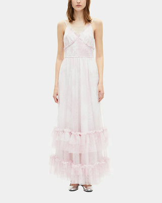 Long dress in pale pink printed tulle