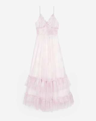 Long dress in pale pink printed tulle