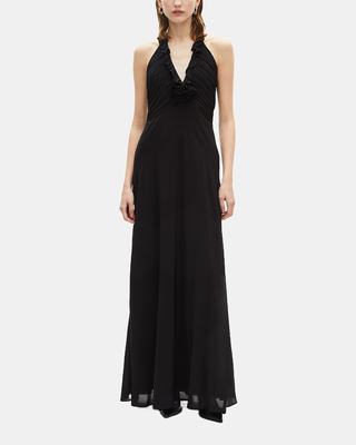 Long low-cut dress with black flower detail