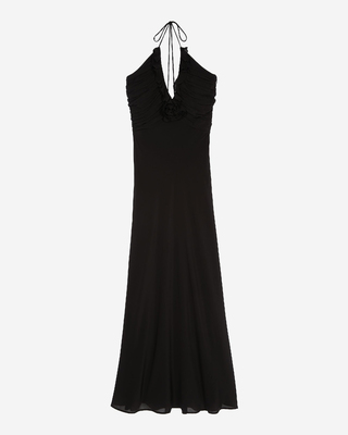 Long low-cut dress with black flower detail
