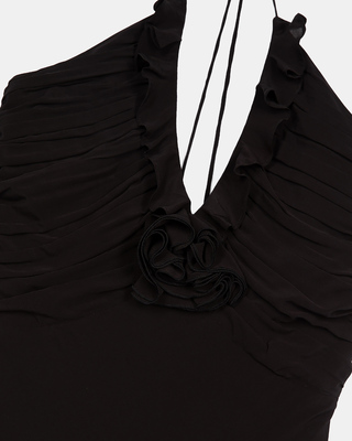 Long low-cut dress with black flower detail