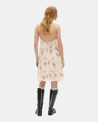 Short white floral print strapless dress