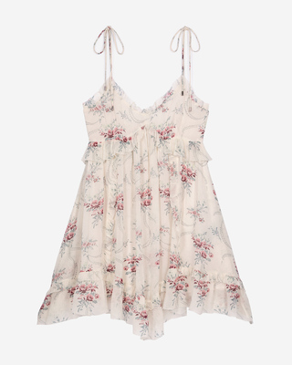 Short white floral print strapless dress