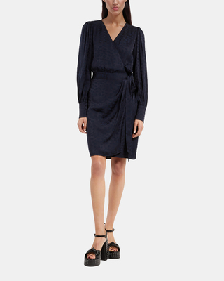 Short navy jacquard wrap dress