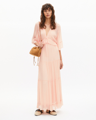 Long ruffled peach dress