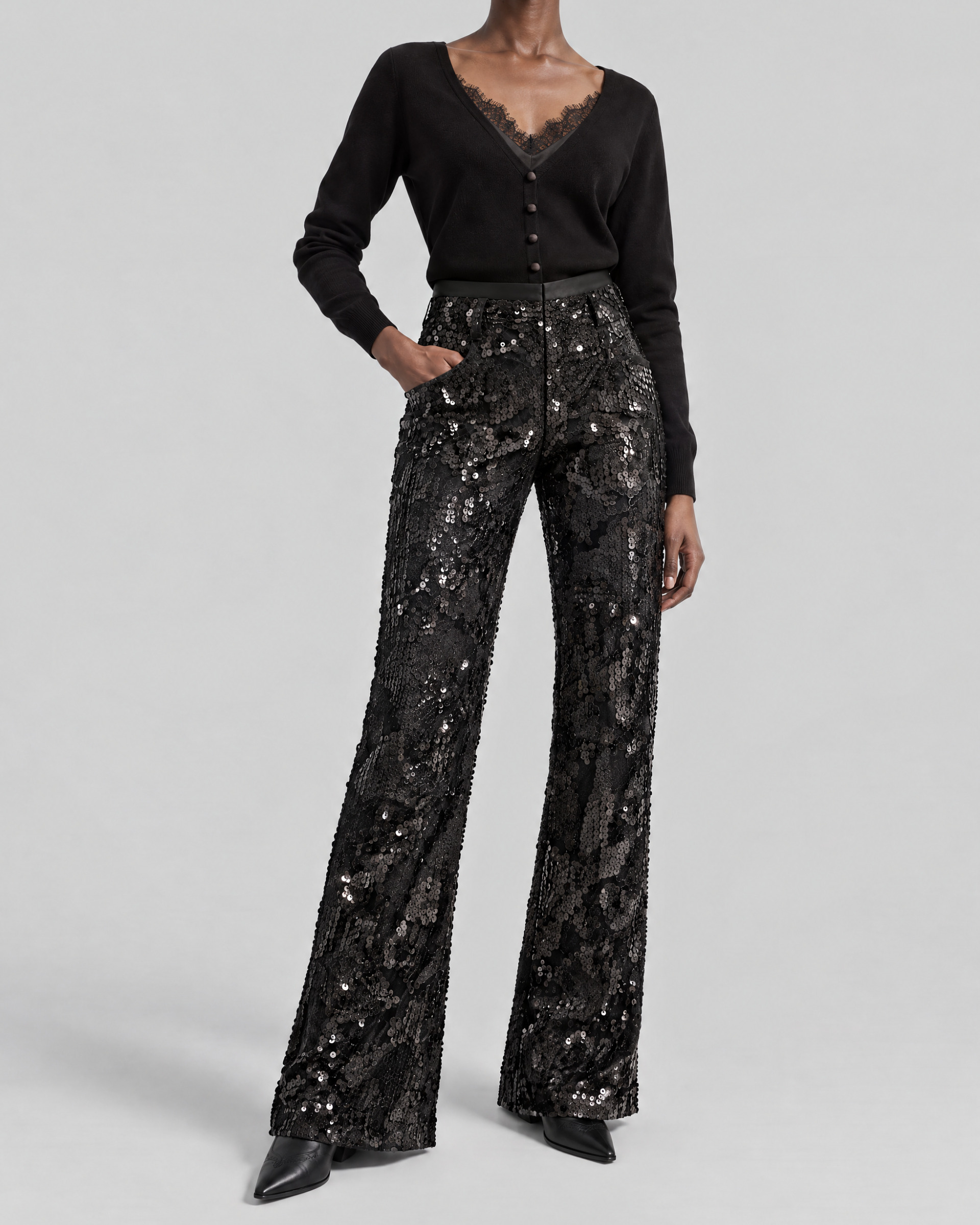 Lace and sequin flared pants