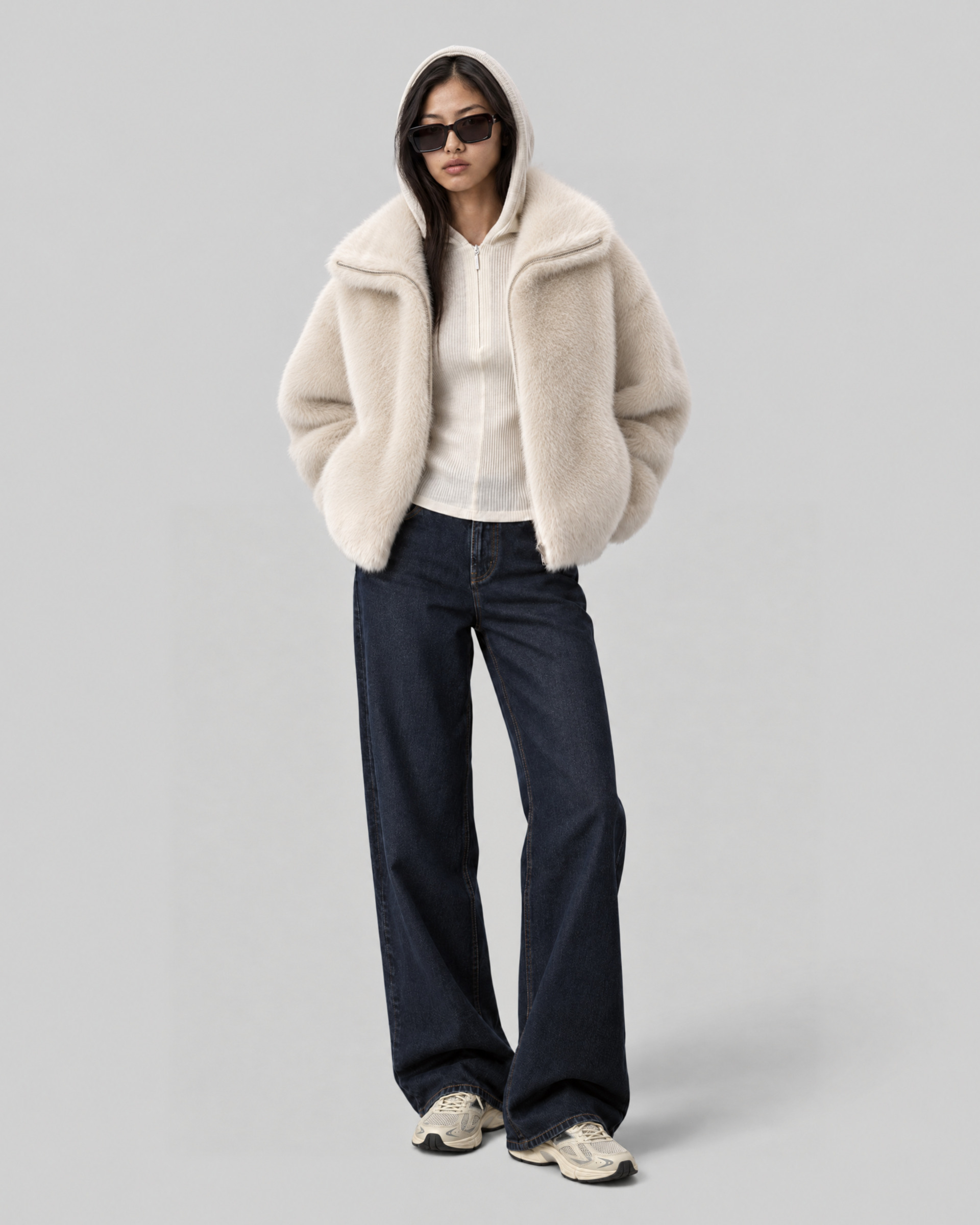Ecru ribbed knit hooded sweater
