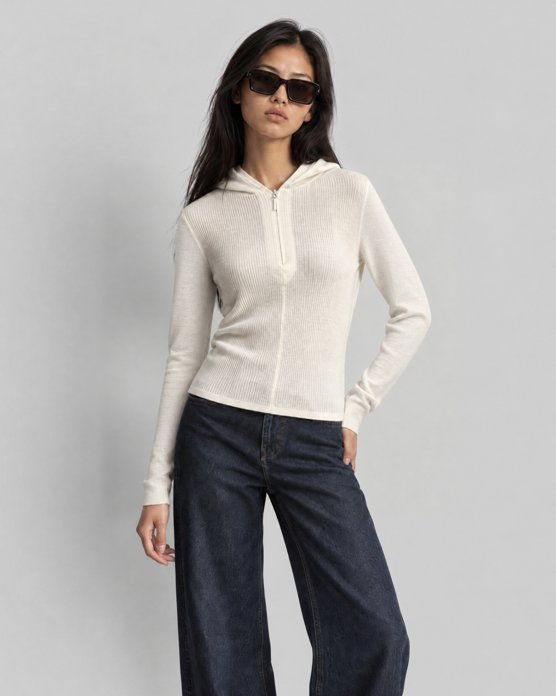 Ecru ribbed knit hooded sweater