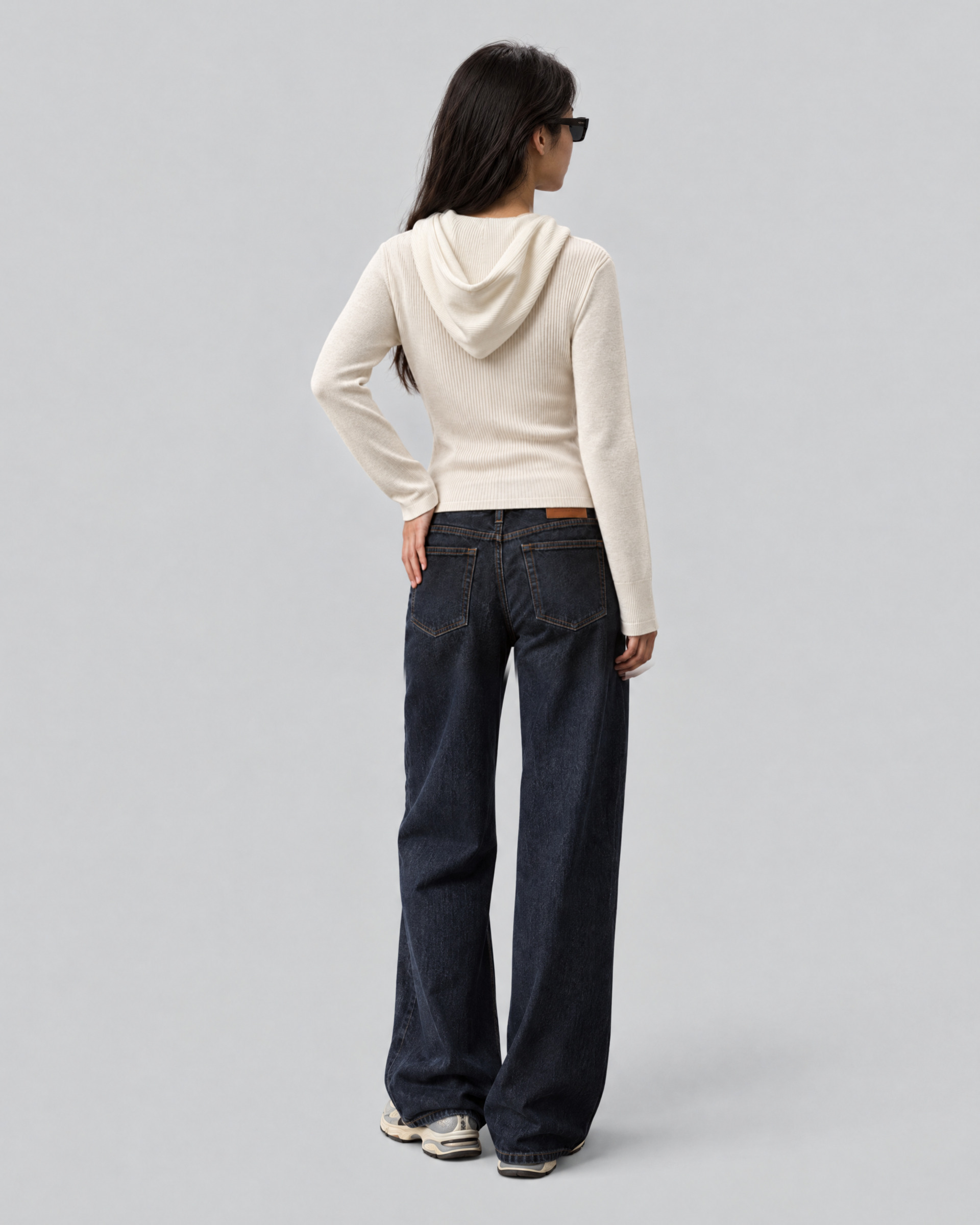 Ecru ribbed knit hooded sweater