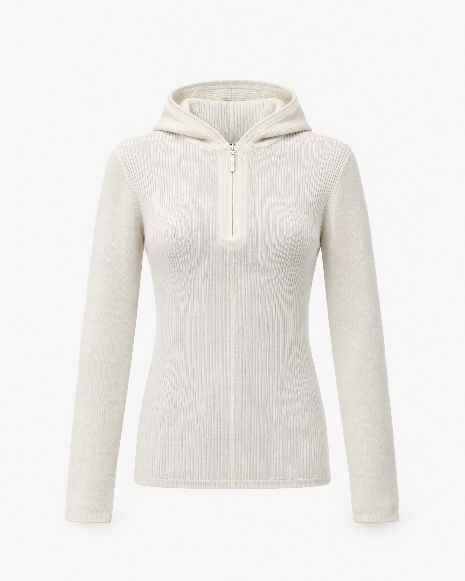Ecru ribbed knit hooded sweater