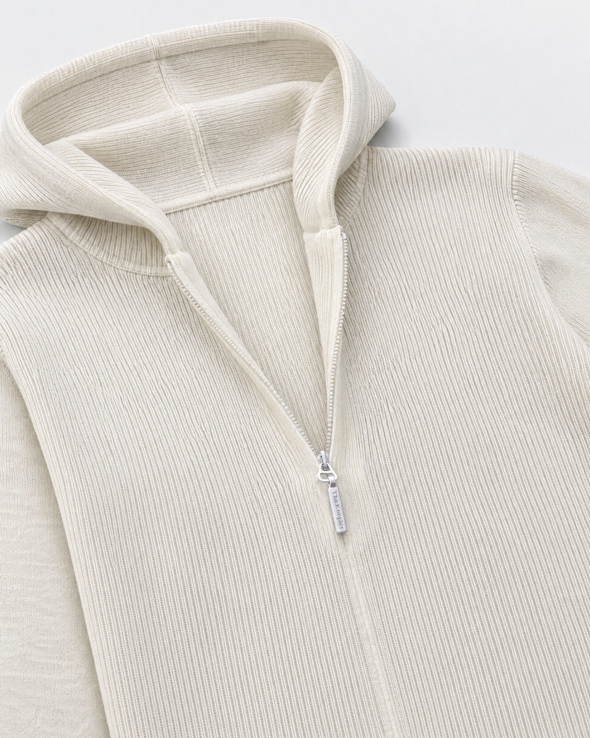 Ecru ribbed knit hooded sweater