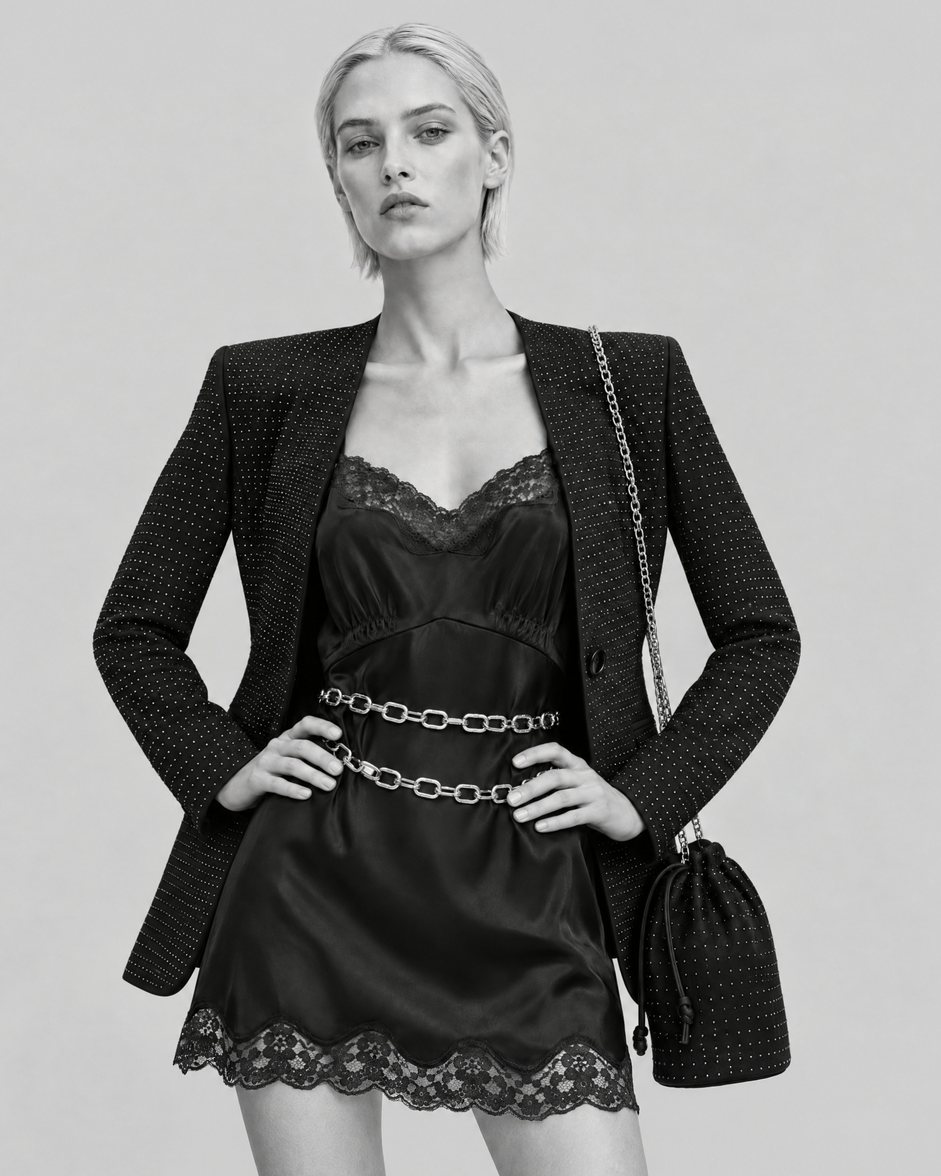 Short dress made of silk and black lace