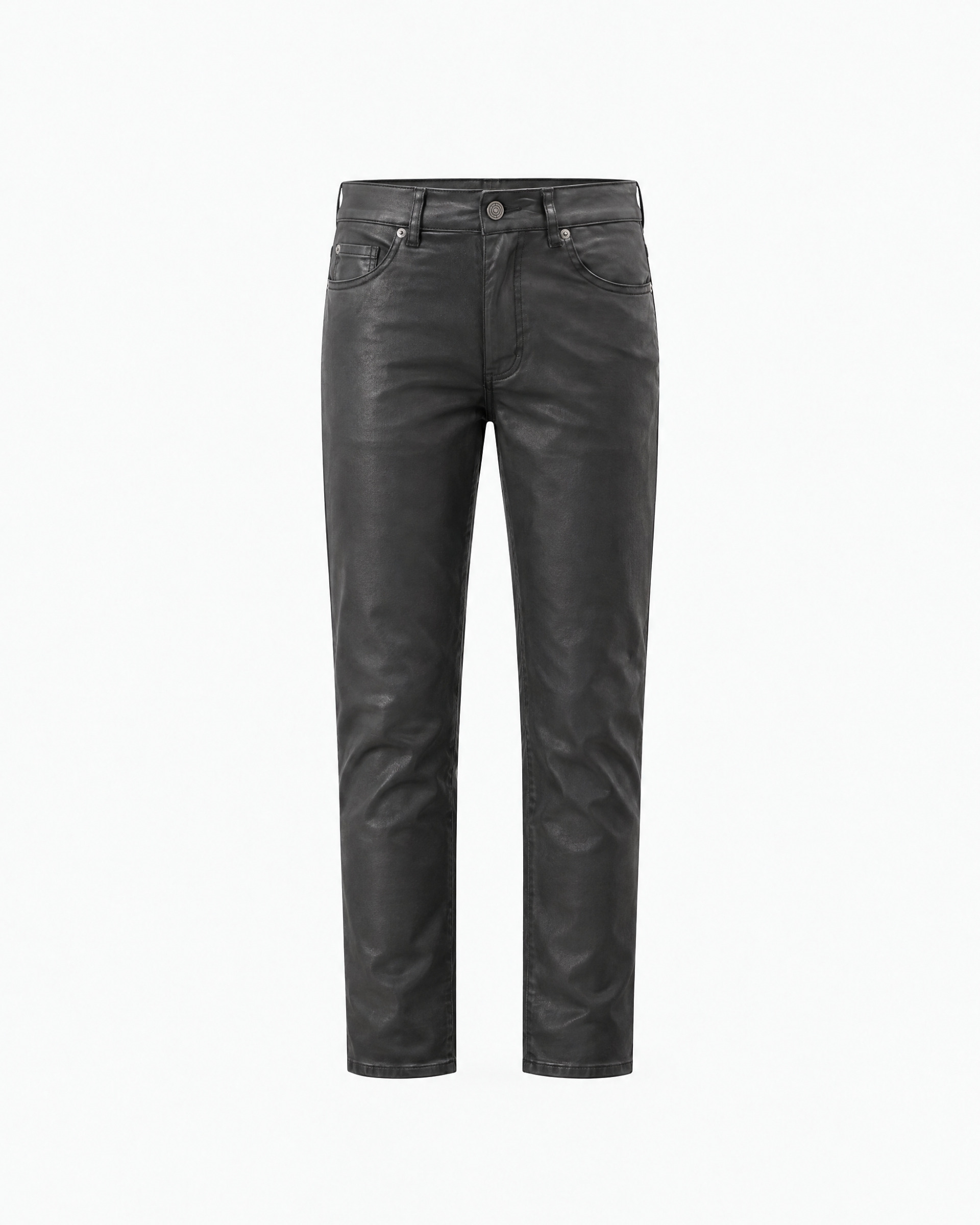 Black slim-fit jeans with a coated finish