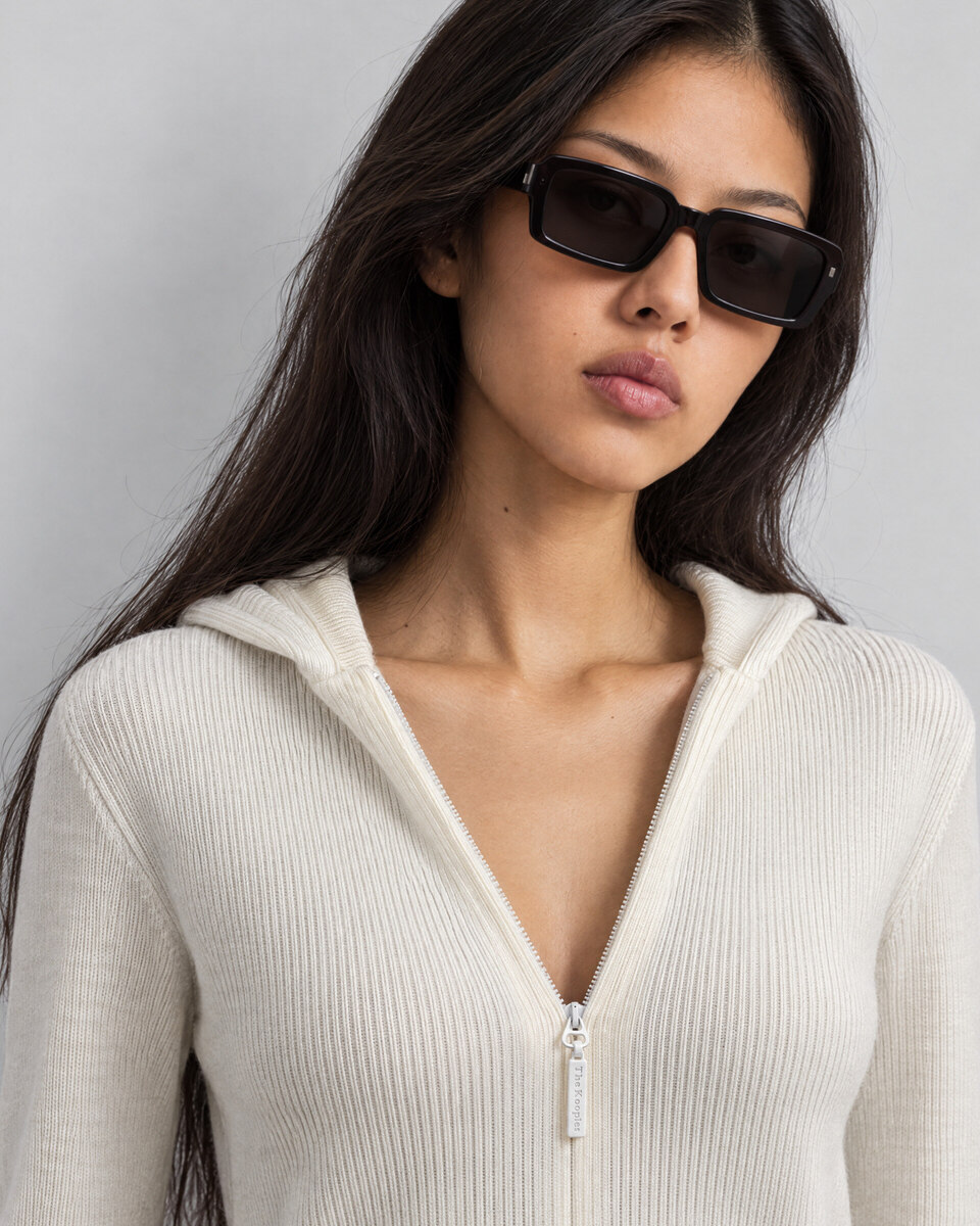 Ecru ribbed knit hooded sweater