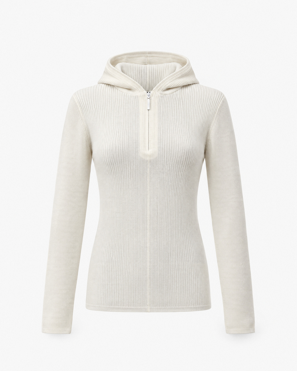 Ecru ribbed knit hooded sweater