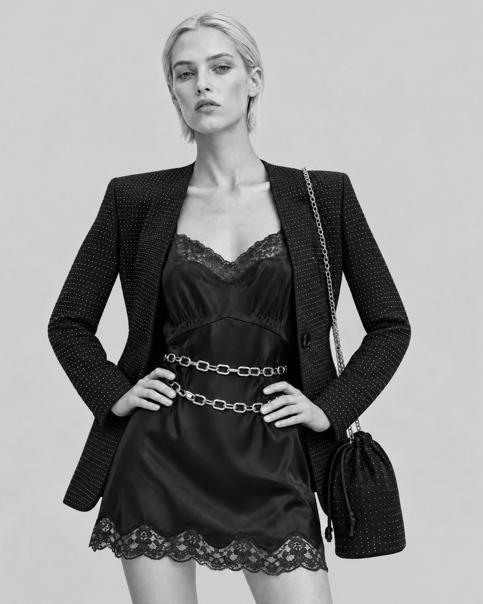 Short dress made of silk and black lace