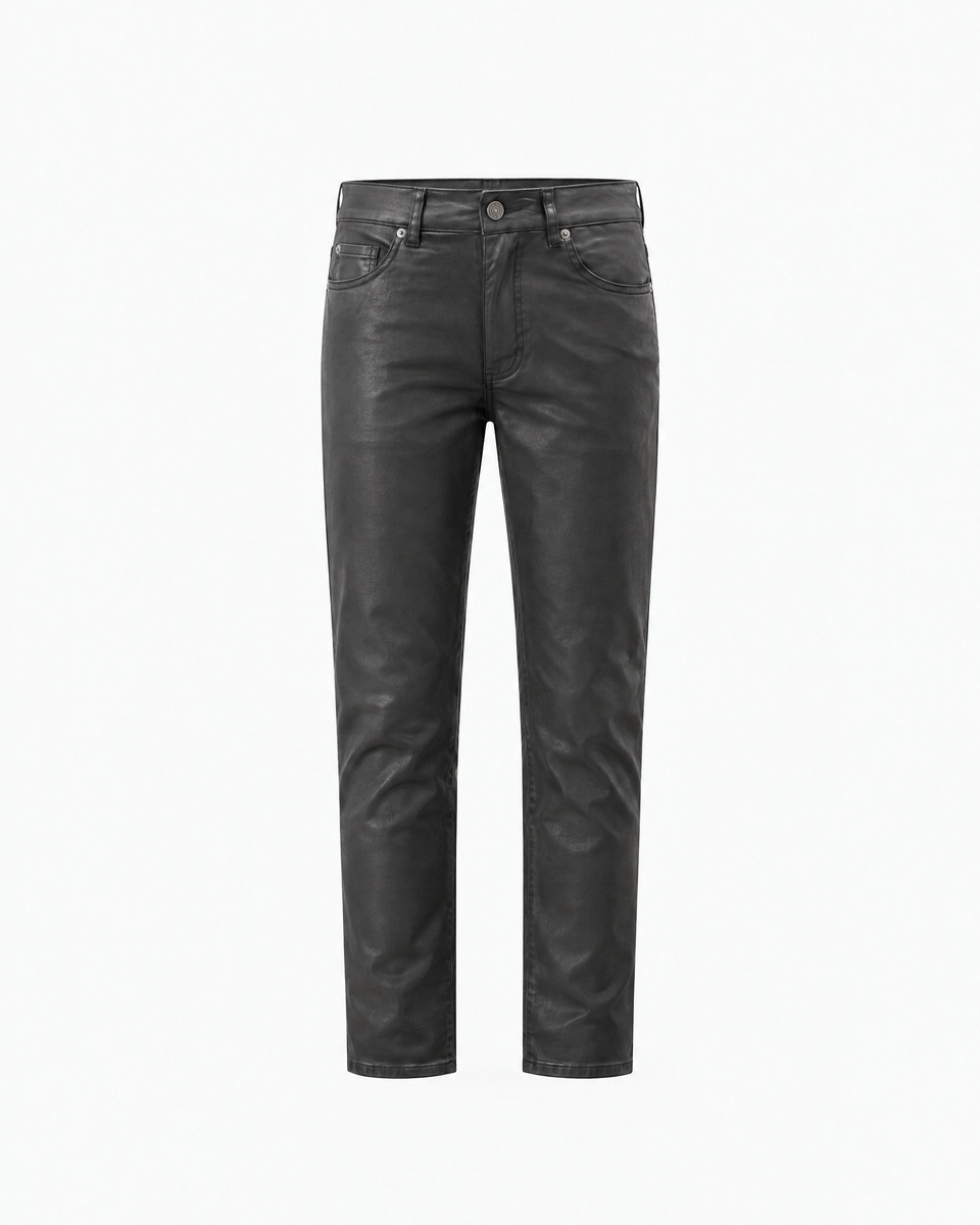 Black slim-fit jeans with a coated finish