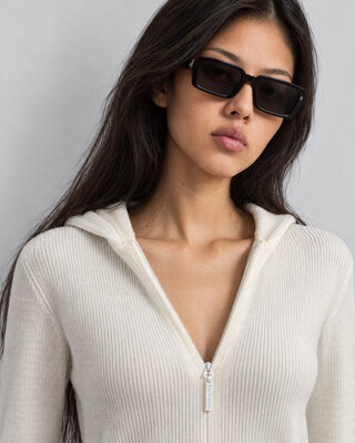 Ecru ribbed knit hooded sweater