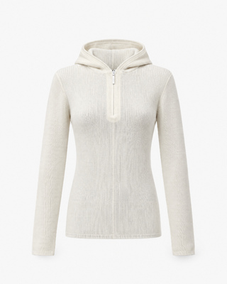 Ecru ribbed knit hooded sweater