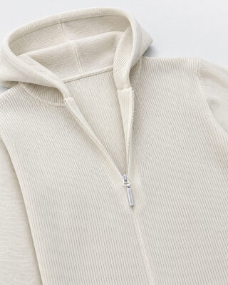 Ecru ribbed knit hooded sweater