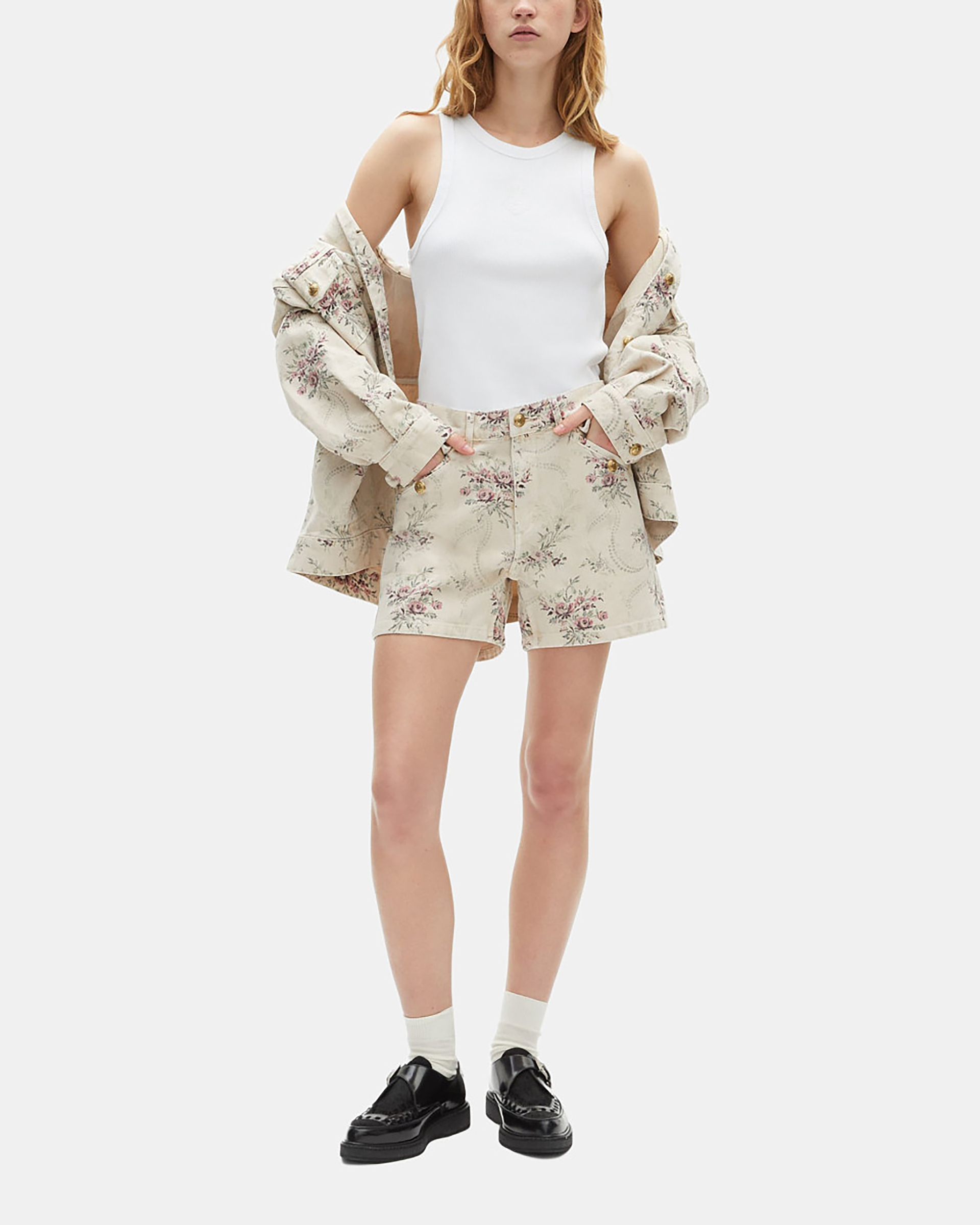 Floral print shorts in beige denim
