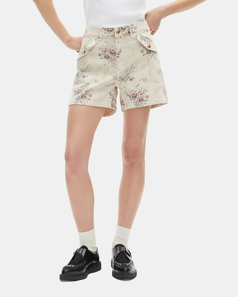 Floral print shorts in beige denim