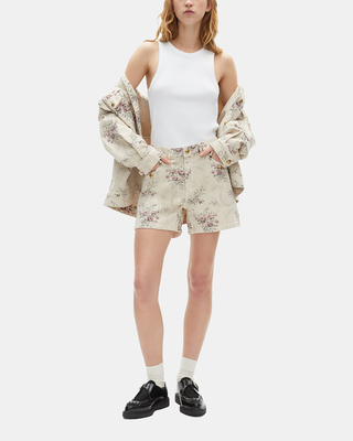 Floral print shorts in beige denim