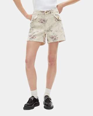 Floral print shorts in beige denim