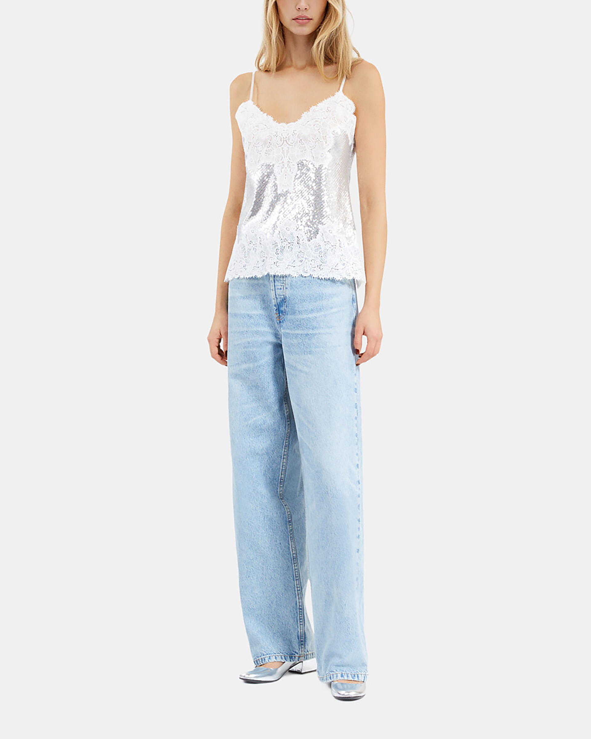 Silver sequin and lace camisole
