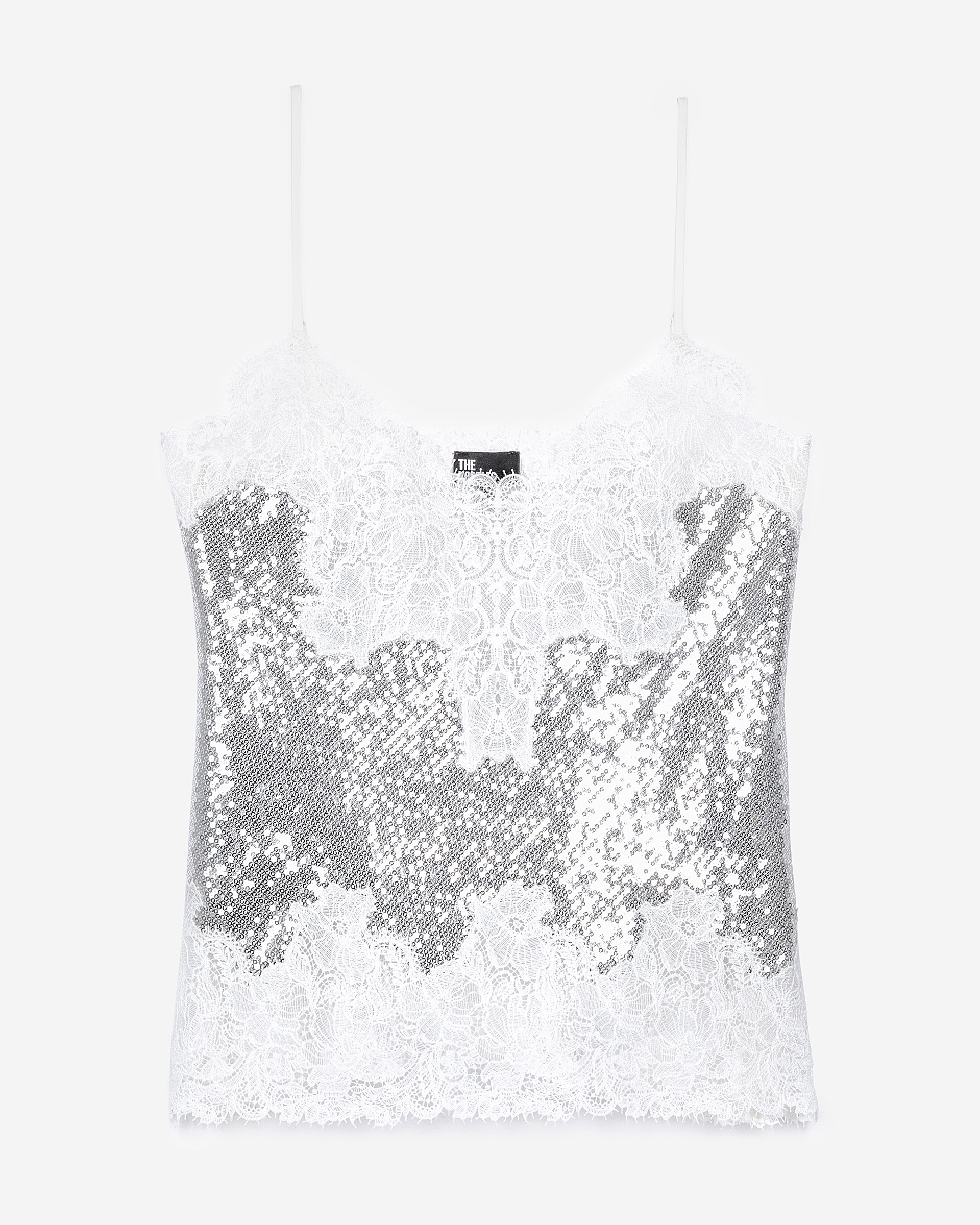 Silver sequin and lace camisole