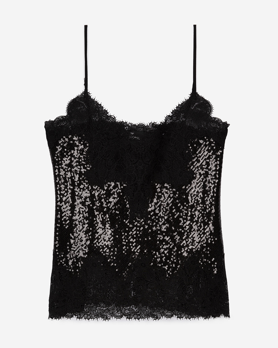 Black sequin and lace camisole