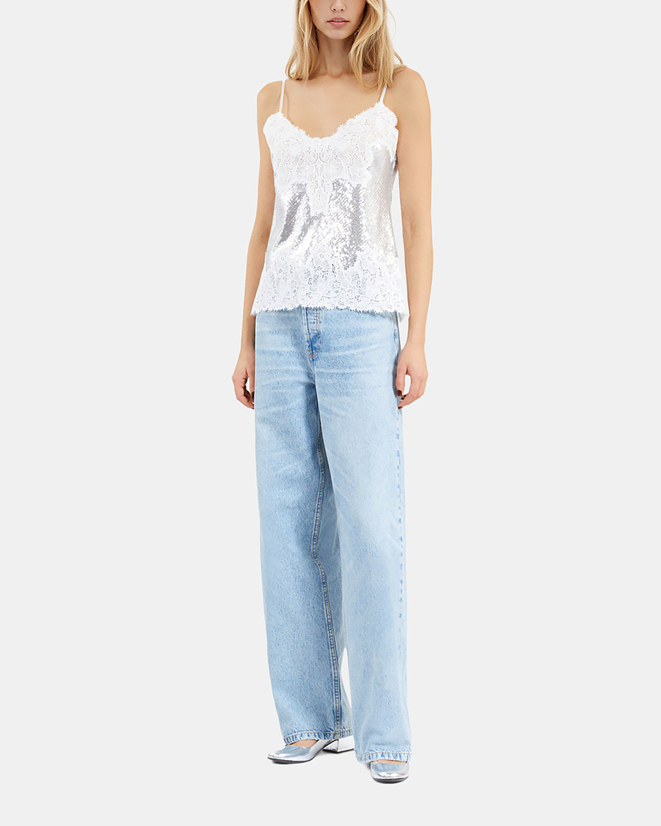 Silver sequin and lace camisole