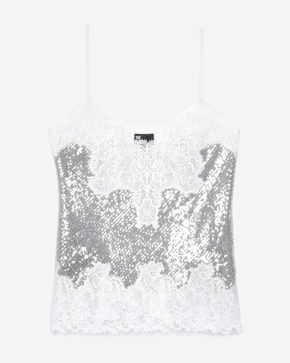 Silver sequin and lace camisole