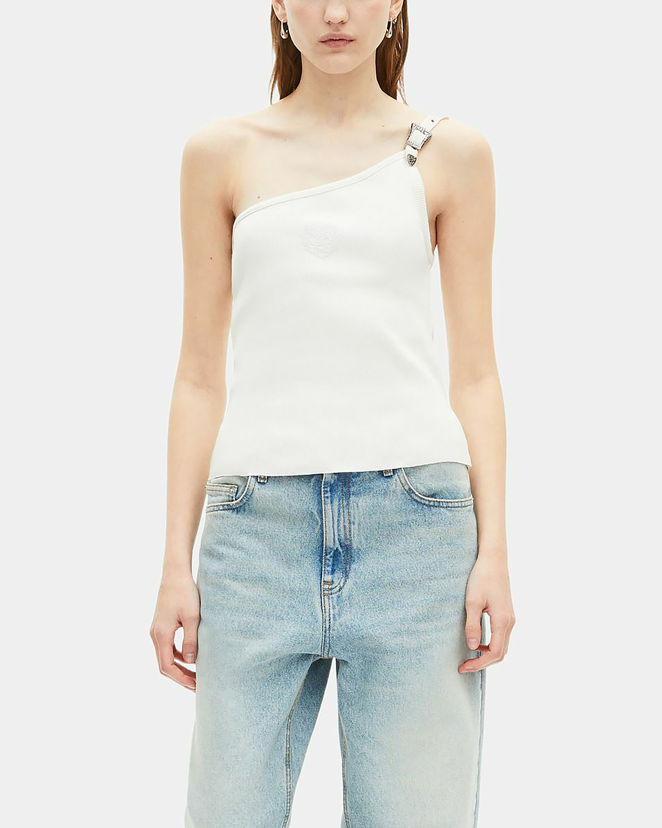 Asymmetric ecru ribbed tank top
