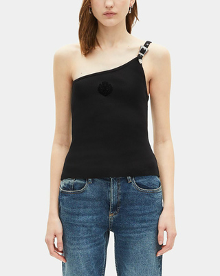 Asymmetric black ribbed tank top