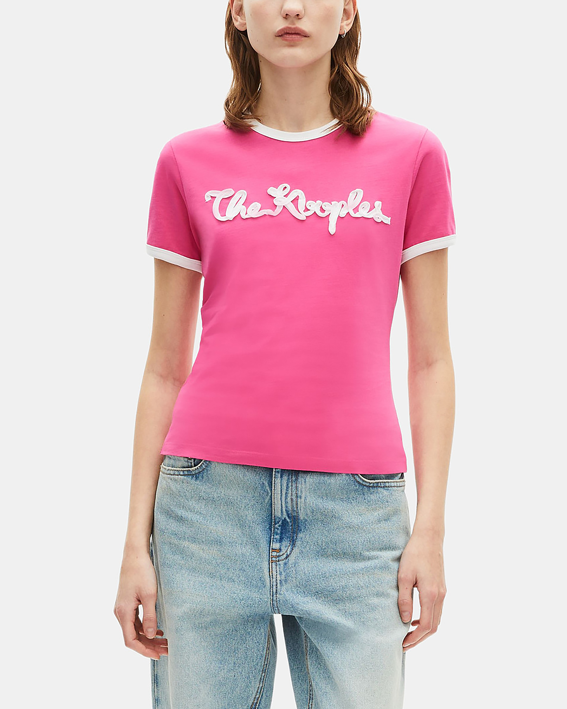 Fuchsia ribbon embroidery T-shirt