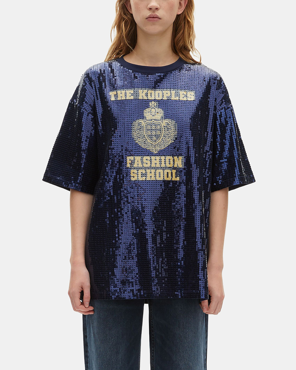 Sequin and blue silk-screen T-Shirt