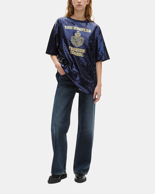 Sequin and blue silk-screen T-Shirt