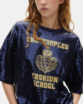 Sequin and blue silk-screen T-Shirt