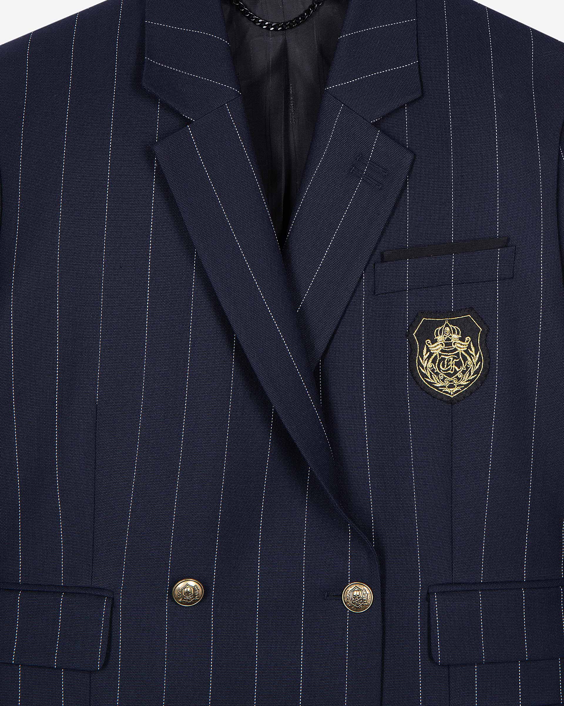 Navy blue wool blend tennis stripe suit jacket