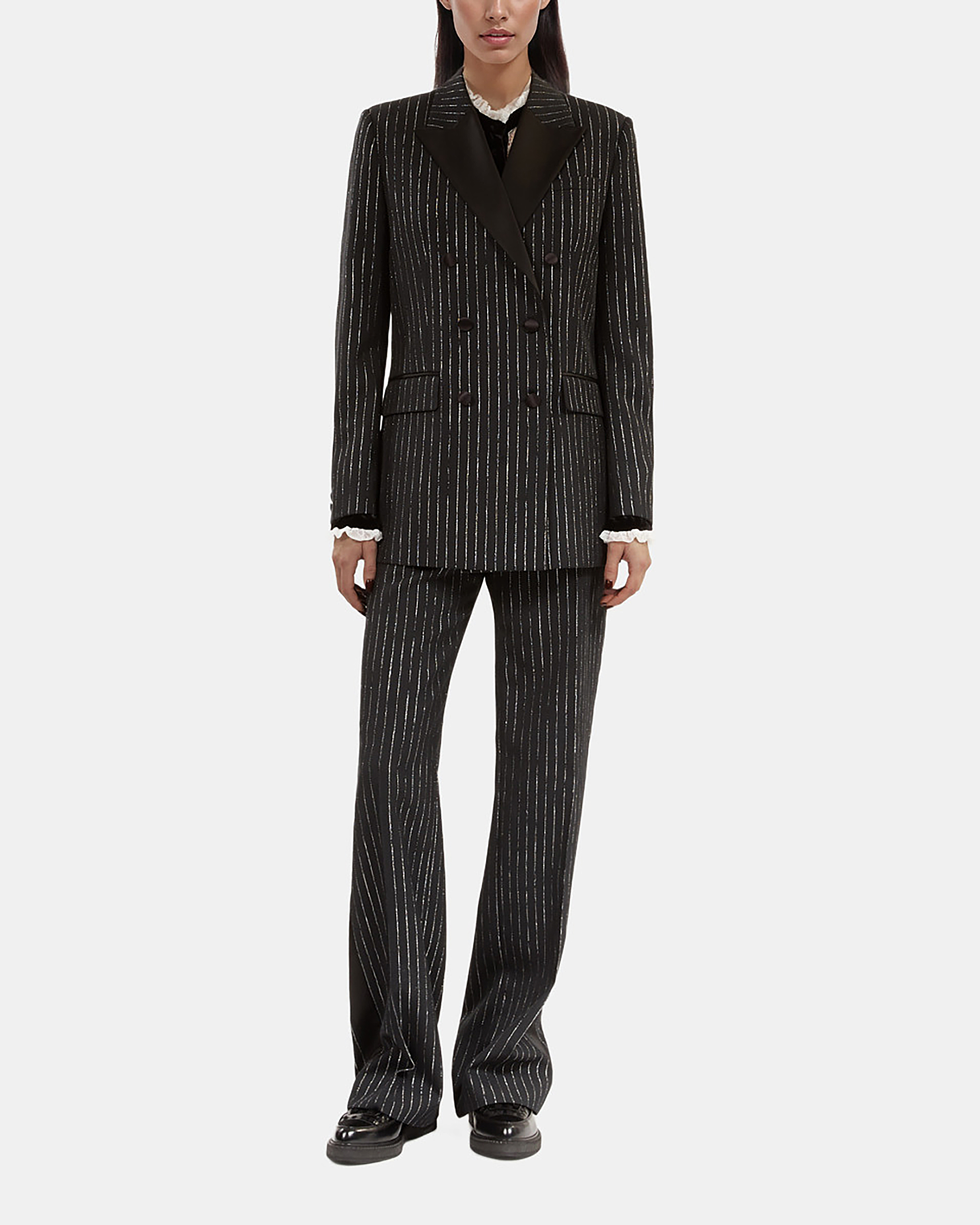 Black pinstripe suit jacket