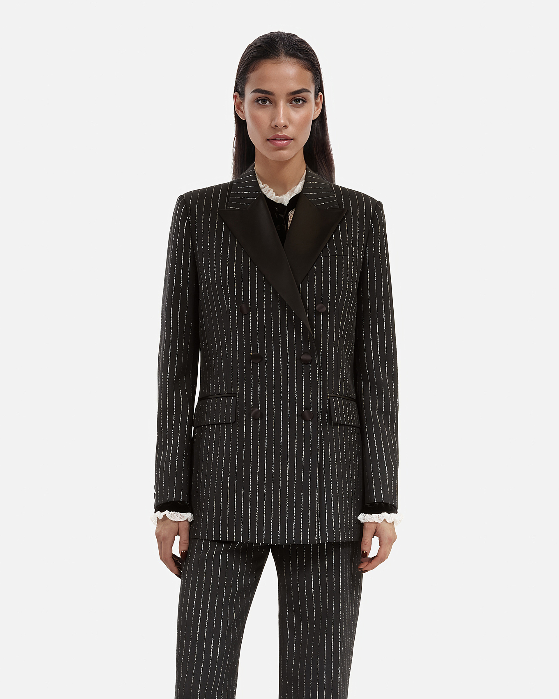 Black pinstripe suit jacket